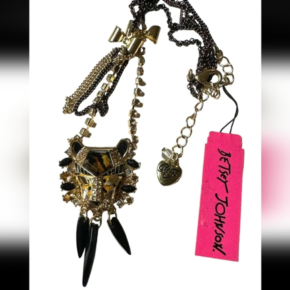 New Vintage! BETSEY JOHNSON Hollywood Glam Tiger Leopard Head Pendant Necklace. - Picture 1 of 11